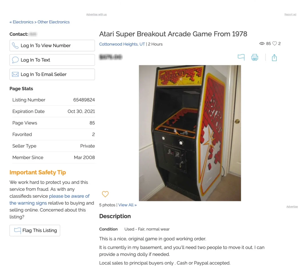 Super Breakout Arcade Game Ad in Craiglist